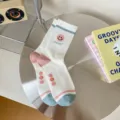Cute white cotton mid-tube socks featuring pink blue stripes and sweet embroidery for women spring. - One Size / sk2335 White Round Smiley
