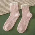 Cozy pink coral fleece fuzzy socks with white cuffs and non-slip soles for warm home sleep. - One Size / Patchwork Light Pink