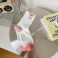 Cute floral embroidered mid-tube women's socks with pink heel design for spring wear. - One Size / sk2335 White Flowers