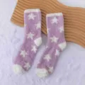 Women purple fluffy fleece fuzzy socks with white star pattern winter cozy warm floor socks - One Size / Light Purple