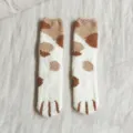Calzini soffici in pile corallo design zampa di gatto caldi invernali da casa per donna. - Taglia unica / Pile corallo a pelo lungo in kaki maculato e bianco