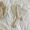 Thickened flecked yarn cable knit slouch socks, retro wool blend mid-tube winter socks - ky Cable Knit Light Off-White