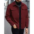 Men's Casual Lapel Woolen Jacket Autumn Winter Burgundy Outerwear Single Breasted Coat - Burgundy