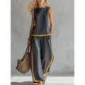 Mouwloze colorblock tweedelig set met wijde broek voor dames zomer casual chic outfit - S / Top en Broek / donkergrijs