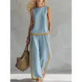 Zomer mouwloze contrasterende wijde broek tweedelig set voor vrouwen casual chique mode outfit - S / Top en Broek / Lichtblauw