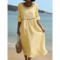 Dames gele casual ronde hals halve mouw linnen jurk strand vakantie zomer stijl - S / Geel