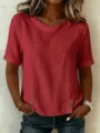 Dames casual korte mouw ronde hals linnen mix blouse met asymmetrische knopen. - 3XL / Tops / Baksteenrood