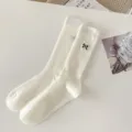 Spring summer white stacking socks with cute black bow embroidery, chic ballet core style women - One Size / Bow Accent - Milk White
