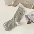 Grey ribbed crew socks for women featuring cute black bow embroidery daily wear casual hosiery - One Size / Bow Accent - Light Grey