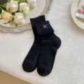 Black knit crew socks featuring a cute white bow embroidery, perfect for sweet daily outfits. - One Size / Ce300 Black