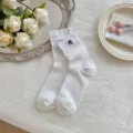 White slouch socks for women with sweet black bow embroidery, cute balletcore style daily wear. - One Size / Ce300 White