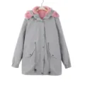 Grey parka coat detail showcasing pink faux fur hood lining, drawstrings, and pockets. - Light Gray
