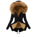 Gedetailleerd overzicht van warme dames winter parka met capuchon en imitatiebont kraag. - Zwart Geel
