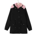 Women's black parka coat featuring a cozy pink faux fur hood and warm fleece lining for winter. - S / Tops / Black With Pink Fur