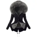 Dames winter warme gevoerde parka jas met capuchon detailweergave, zwarte gewatteerde jas nepbont. - Marineblauw