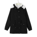 Women winter black hooded parka coat with white faux fur lining warm mid-length casual jacket - S / Tops / Black With White Fur