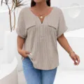 Dames Kaki Korte Mouw Geribbeld V-Hals Top Casual Zomer Mode Effen Kleur Blouse Dames - 1XL / Abrikoos