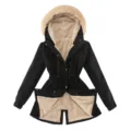 Women's black winter hooded parka coat with cozy faux shearling fleece lining and drawstring. - S / Tops / Black With Apricot Fur