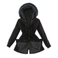 Women's winter black hooded parka coat with cozy lambswool fleece lining and adjustable waist drawstring. - Black With Gray Fur