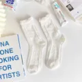 White women mid-tube socks cute Japanese JK style lace vertical stripe cute cotton socks - One Size / Milky White Bubble Cuff Cable Knit