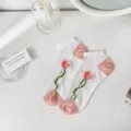 Sheer mesh short socks for women summer breathable crystal silk socks with cute tulip design. - One Size / 5047 Single Large Flower