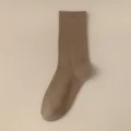 Comfortable brown mid-tube socks for daily wear, minimalist solid color casual cotton hosiery. - One Size / GSW22 Dark Coffee