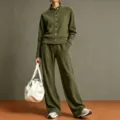 Olive green cardigan tracksuit set with wide-leg pants, chic metal buttons and casual style. - Army Green