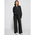 Dames zwarte tweedelige trainingspak kwart rits sweatshirt wijde broek casual outfit - XS / Top en Broek / Zwart