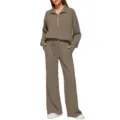 2025 dames trainingspak halve rits sweatshirt wijde broek tweedelig casual set - XS / Top en Broek / Donker kaki