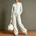 Dames effen opstaande kraag cardigan sweatshirt en wijde broek set detailweergave. - S / Top en Broek / Havermoutkleur