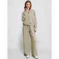 Dames sweater met halve rits en wijde broek tweedelig casual trainingspak outfit - XS / Top en Broek / Licht kaki