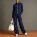 Detailed view of the navy blue stand-collar cardigan sweatshirt and wide-leg pants outfit set. - Navy Blue