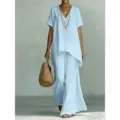 Set top manica corta scollo V e pantaloni larghi azzurro chiaro abito casual estivo - Azzurro