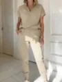 Dames casual korte mouw trainingspak set met halve rits khaki zomer outfit comfort - 2XL / Top en Broek / Abrikoos