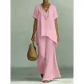 Completo Due Pezzi Donna Top Largo Maniche Corte Collo V E Pantaloni Larghi Casual - Taglia S / Top E Pantaloni / Rosa