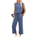 Loose sleeveless two piece set crew neck tank top and casual pants for women. - S / Top And Bottom / Sapphire Blue