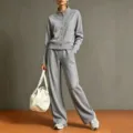 Grey stand collar sweatshirt and wide leg pants set detail shot for women casual wear - Dark Gray
