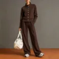 Brown stand collar cardigan and wide leg pants set detail view, casual chic daily wear outfit. - Dark Brown