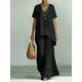 Completo casual con top largo scollo V manica corta e pantaloni larghi da donna moda. - Taglia S / Top E Pantaloni / Nero
