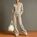Casual solid color stand collar cardigan sweatshirt and wide leg pants set for women daily wear. - Khaki