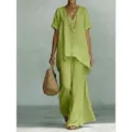 Set top ampio collo V maniche corte e pantaloni larghi donna, completo due pezzi - verde-giallo