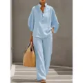 Lichtblauwe casual linnen tweedelige set met een langdurige top en comfortabele wijde broek. - XS / Top en Broek / Hemelsblauw