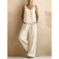 Conjunto de dos piezas de lino para mujer top sin mangas y pantalon ancho de verano - S / Top y Pantalones / Blanco