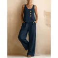 Mujer chaleco sin mangas pantalón ancho algodón lino conjunto dos piezas casual - S / Top y Pantalones / Azul marino