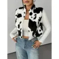 2025 New Women Cow Print Fuzzy Zip Vest Casual Fleece Outerwear Winter Chic Trendy Top - S / Black