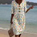 Floral print resort dress V-neck half sleeve summer beach midi dress with buttons. - Apricot with Small Red Flowers
