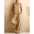 Conjunto de dos piezas de lino para mujer chaleco sin mangas y pantalón ancho verano chic - S / Top y Pantalones / Caqui
