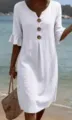 Women Summer Beach Casual White Dress V-Neck Half Sleeve Loose Cotton Linen Midi Dress - White