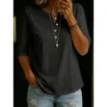 Casual effen dames top met V-hals korte mouw zomer basic dagelijkse kleding comfort - S / Tops / Zwart