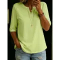 Neon groen Henley t-shirt voor vrouwen casual 3/4 mouw top zomer effen kleur mode - S / Tops / Lichtblauw